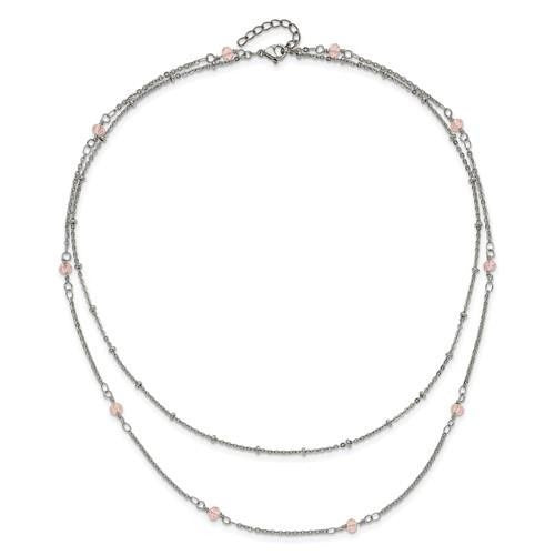 Chisel Polished Stainless Steel 2-Strand Beaded Necklace With Pink Crystals 16+1 Inch Adjustable Chain