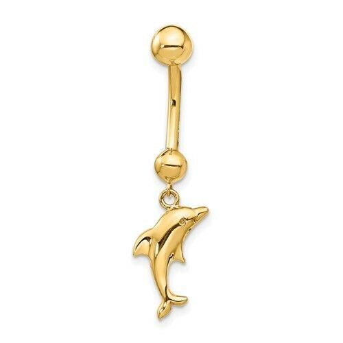 14K Yellow Gold Dolphin Dangle Belly Ring 14 Gauge Navel Jewelry