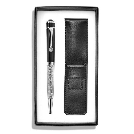 Crystal Filled Black Ballpoint Pen With Leather Pouch Gift Set
