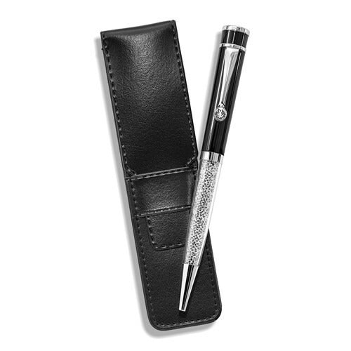 Crystal Filled Black Ballpoint Pen With Leather Pouch Gift Set