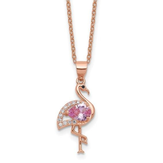 Rose-Tone Sterling Silver Flamingo Pendant Necklace Pink & White18-Inch Chain