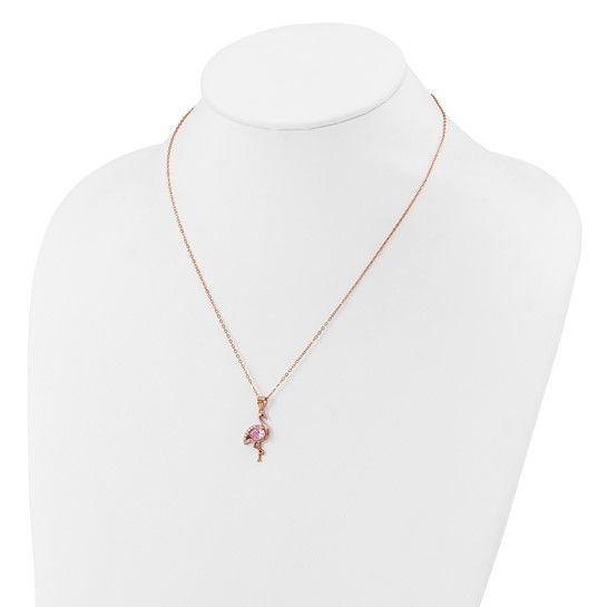 Rose-Tone Sterling Silver Flamingo Pendant Necklace Pink & White18-Inch Chain