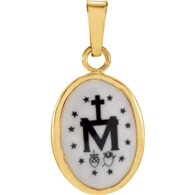 14K Yellow 13x10 mm Oval Hand Painted Porcelain Miraculous Medal Pendant