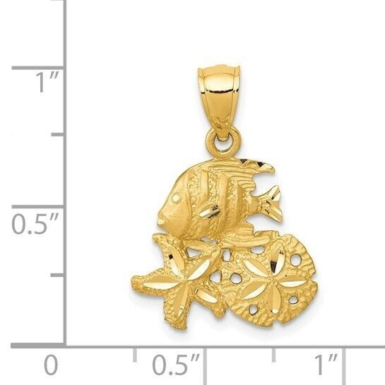 14k Yellow Gold Satin Diamond-cut Fish, Starfish and Sand Dollar Pendant