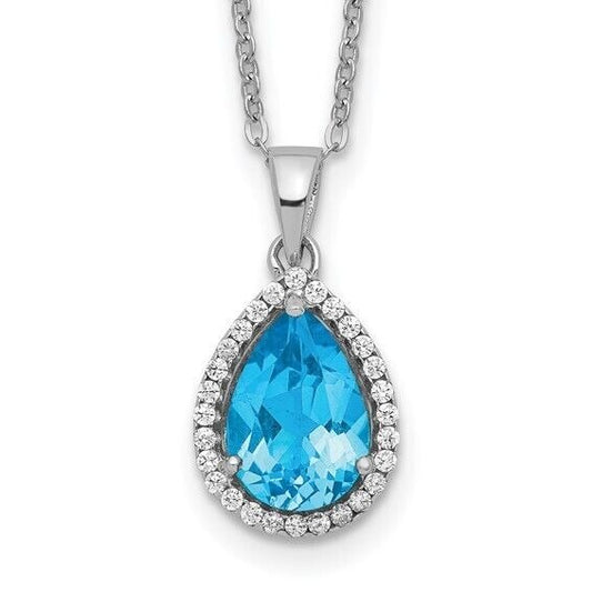 Sterling Silver Rhodium Polished Blue Topaz and CZ 18 inch Necklace