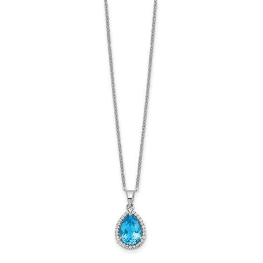 Sterling Silver Rhodium Polished Blue Topaz and CZ 18 inch Necklace