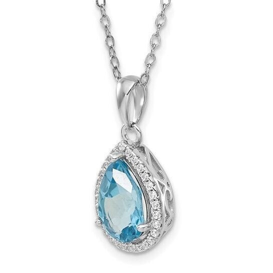 Sterling Silver Rhodium Polished Blue Topaz and CZ 18 inch Necklace