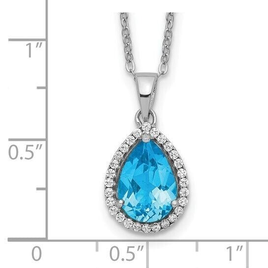 Sterling Silver Rhodium Polished Blue Topaz and CZ 18 inch Necklace