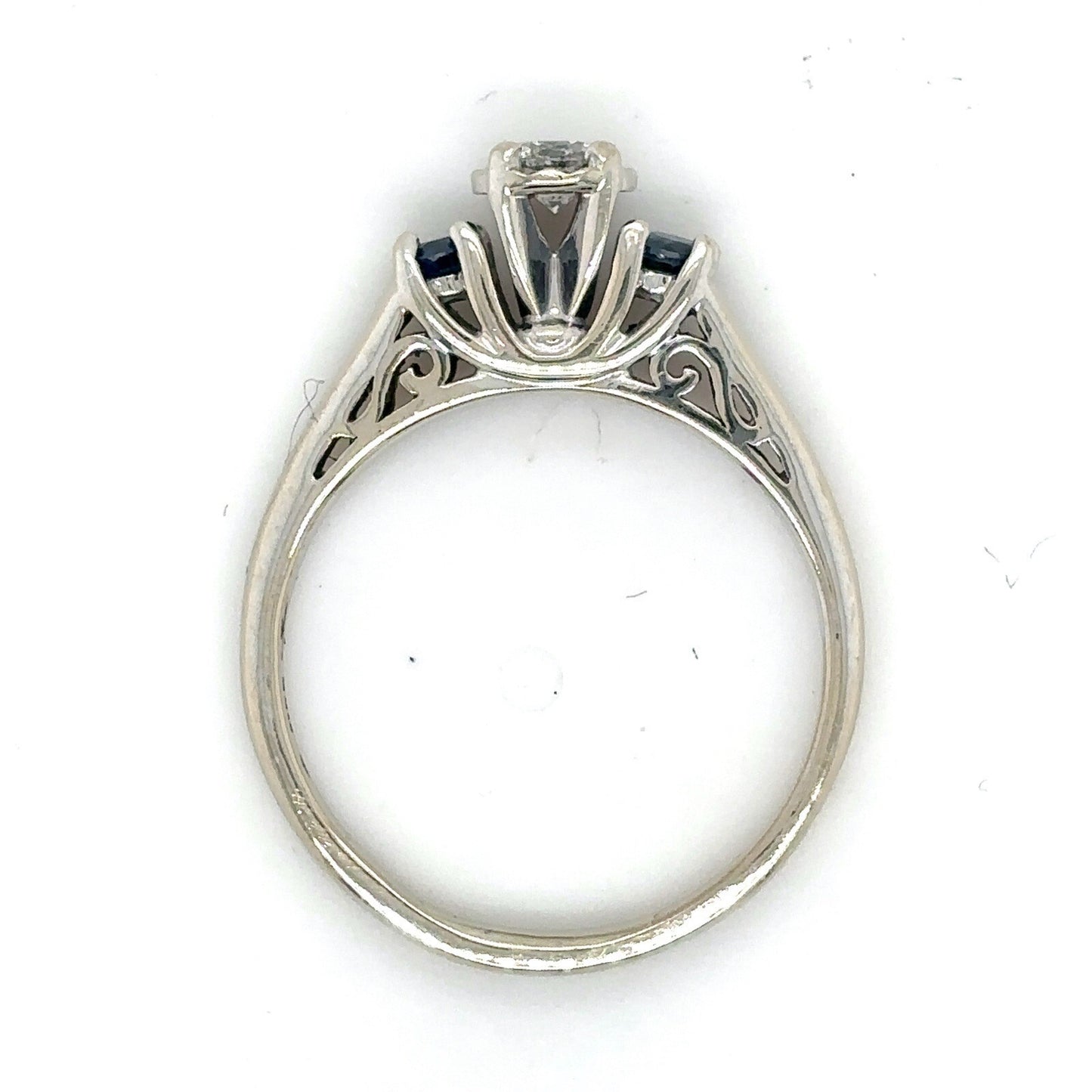 14k White Gold 1/7ct Diamond Solitaire & Sapphire Ring 2.6g Size 5.5