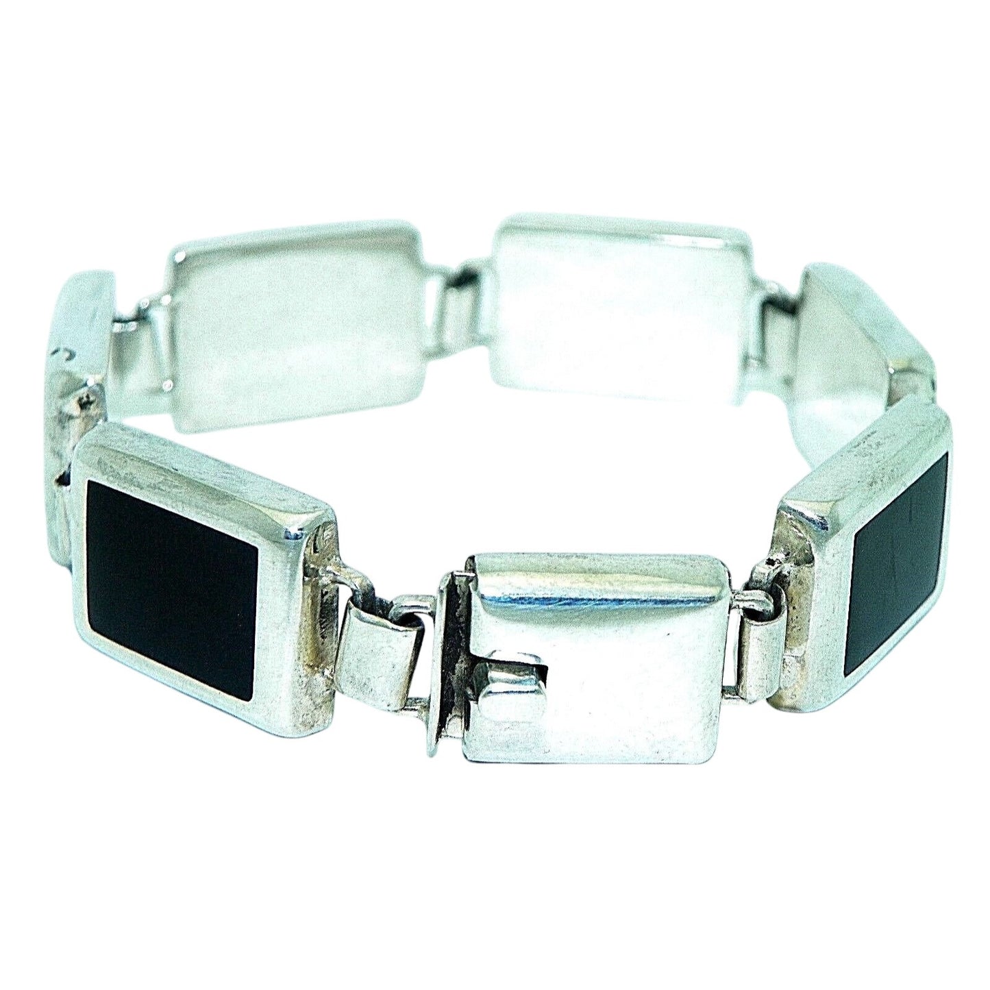 Sterling Silver & Onyx Bracelet 7 3/8" Long 33.5g 925 Rectangular Links