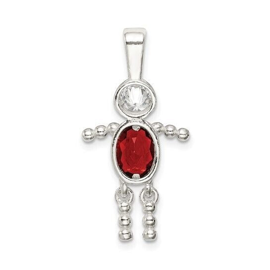 Sterling Silver Rhodium-plated CZ and Birthstone Red July Glass Boy Pendant