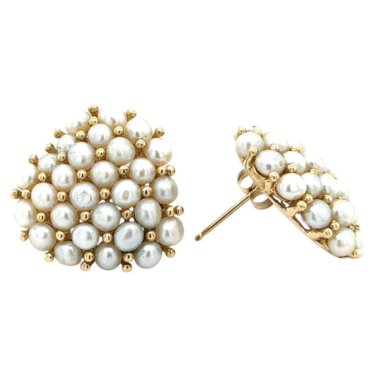 Pearl Cluster Heart 14k Yellow Gold Earrings 9.2g