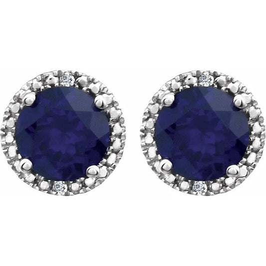 Blue Sapphire Diamond Halo Sterling Silver Stud Earrings 6mm