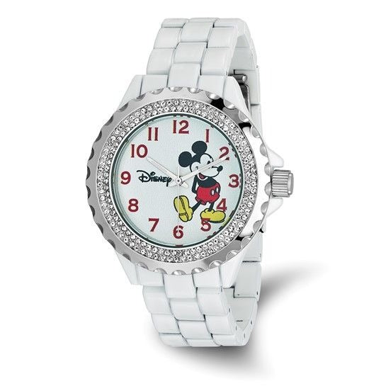Disney Adult Size White Band With Crystal Bezel Mickey Mouse Watch