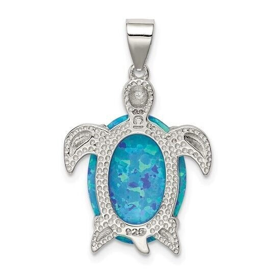 Sterling Silver Rhodium plated Created Opal Inlay Sea Turtle Pendant
