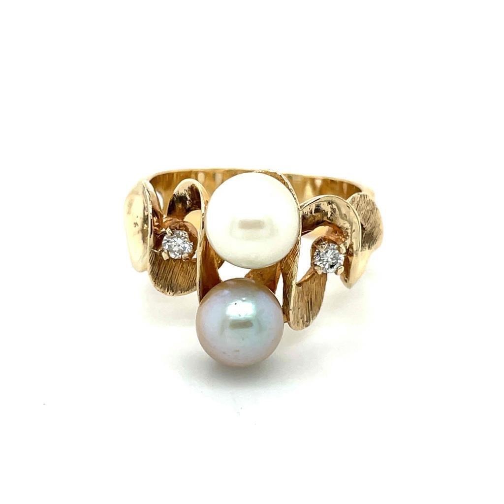 14K Yellow Gold Ring With White & Gray Pearls And Diamonds 8.5g Size 9.5