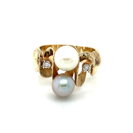 14K Yellow Gold Ring With White & Gray Pearls And Diamonds 8.5g Size 9.5