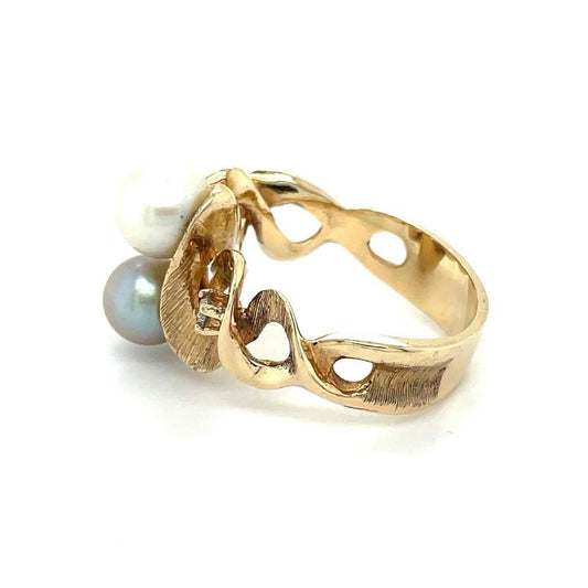 14K Yellow Gold Ring With White & Gray Pearls And Diamonds 8.5g Size 9.5