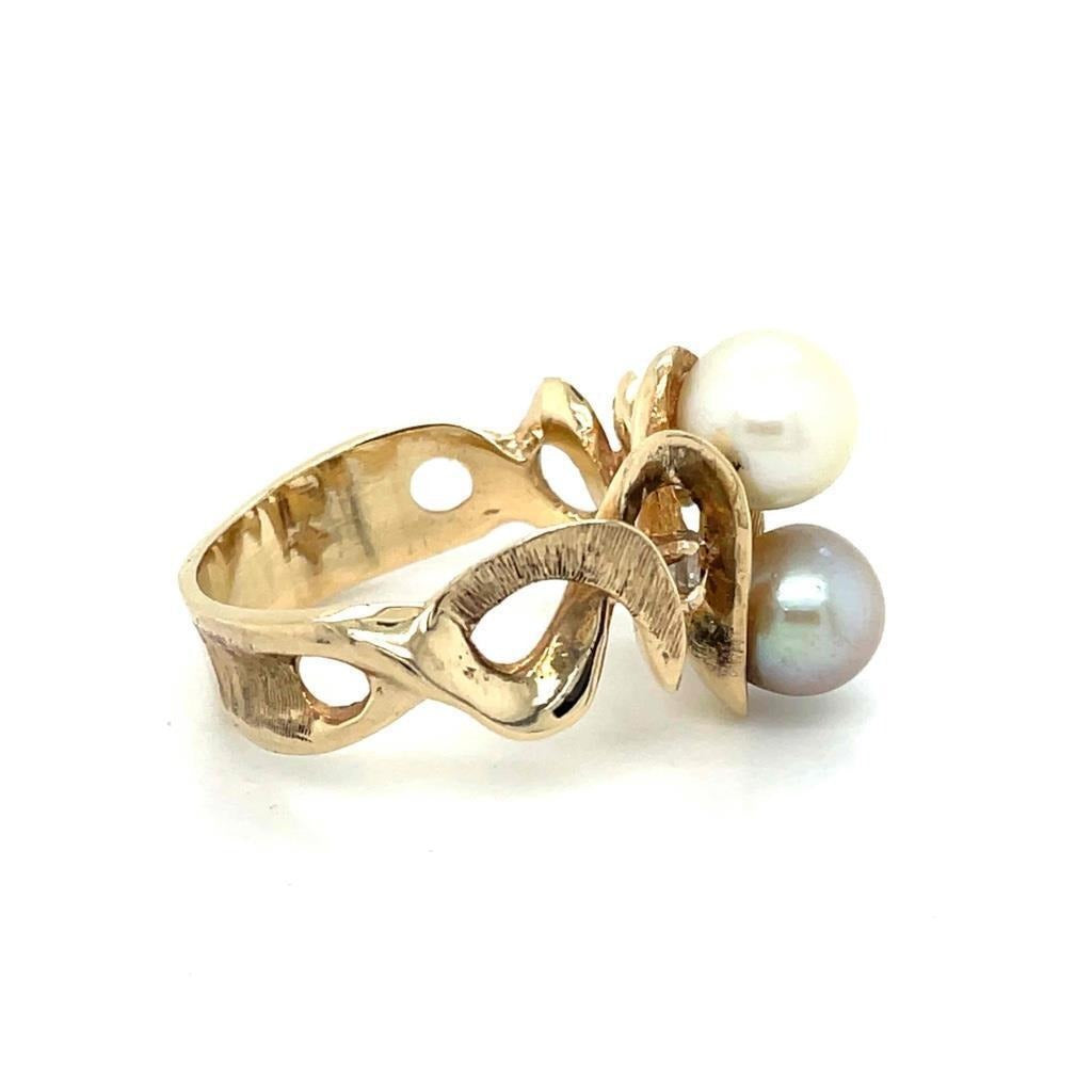 14K Yellow Gold Ring With White & Gray Pearls And Diamonds 8.5g Size 9.5