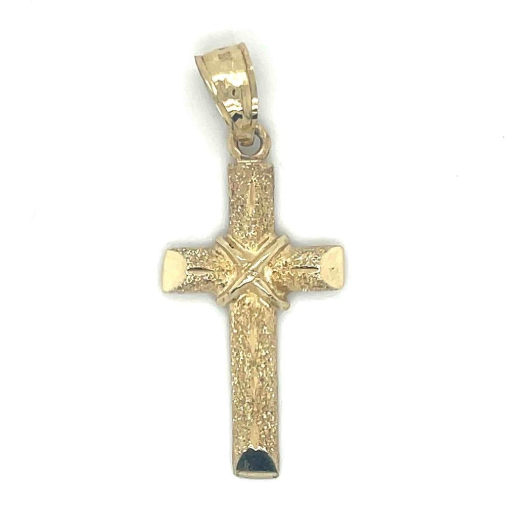 Etched Cross Pendant Solid 14k Yellow Gold 2.2g Textured Religious Charm For Necklace