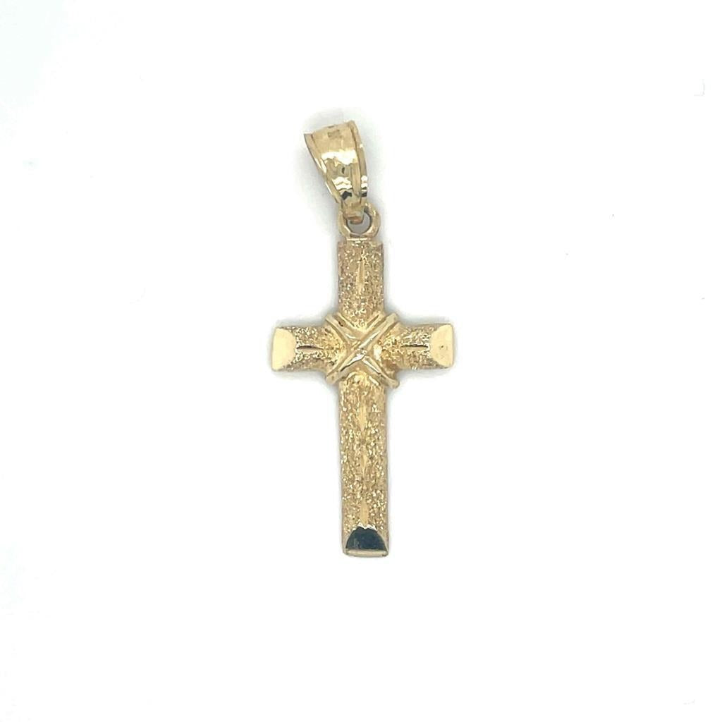 Etched Cross Pendant Solid 14k Yellow Gold 2.2g Textured Religious Charm For Necklace