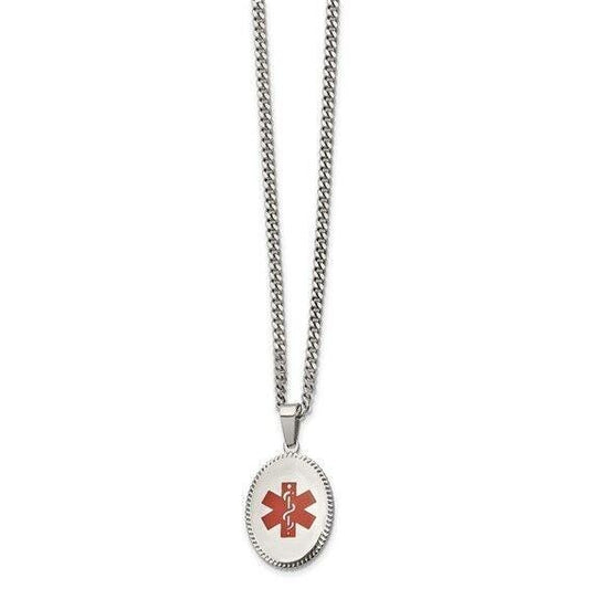 Chisel Stainless Steel w/ Red Enamel Oval Medical ID Pendant 20in Chain