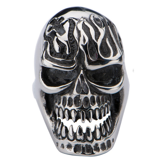Mens Stainless Steel Skull Ring With Flamed Design Size 11