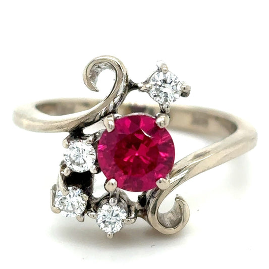 Imitation Birthstone Ruby & Real Diamond Ring 14k White Gold 5g Size 6