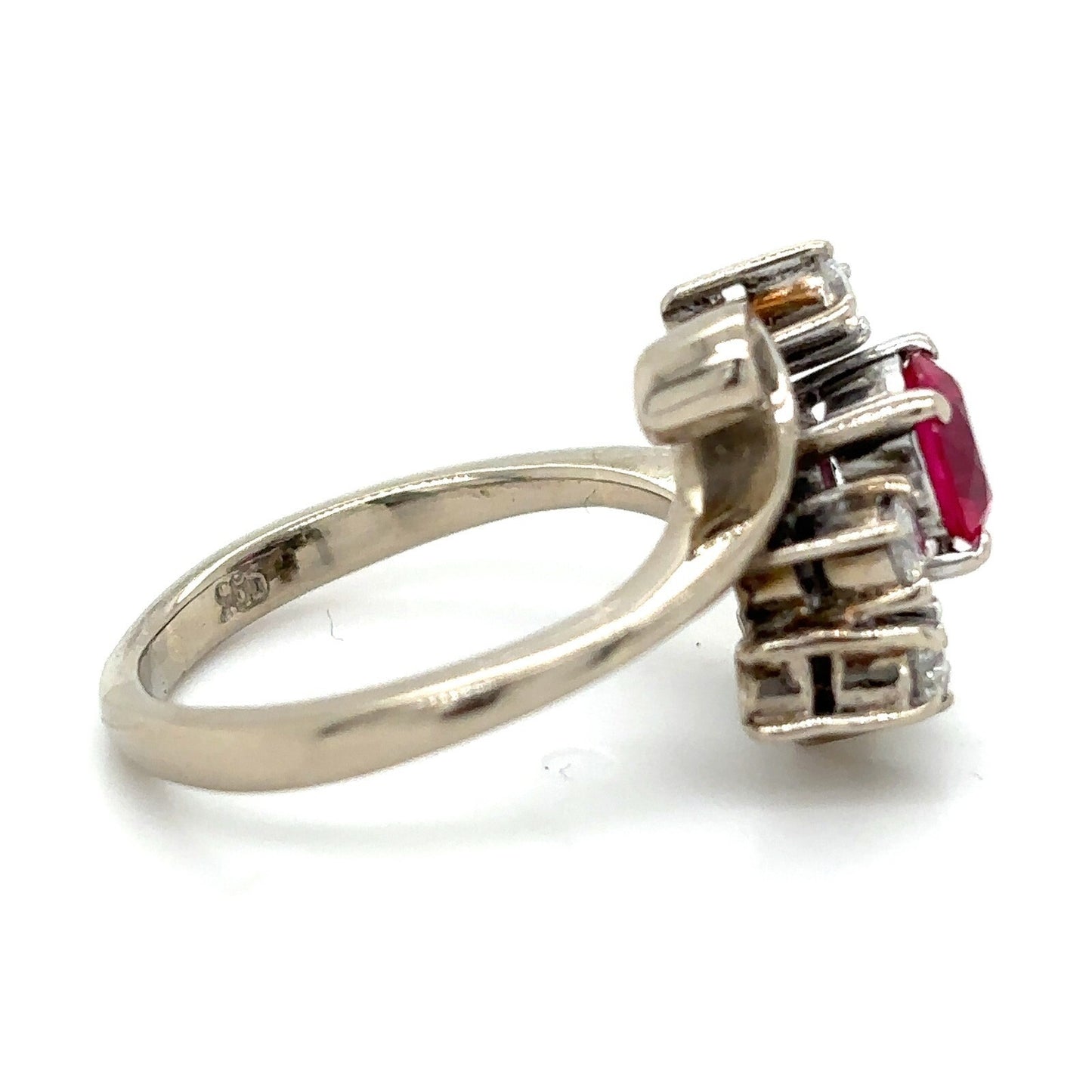 Imitation Birthstone Ruby & Real Diamond Ring 14k White Gold 5g Size 6