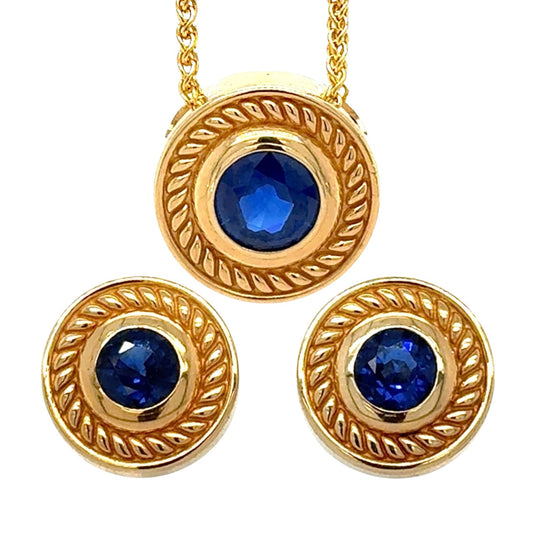 Created Blue Sapphire Pendant 17in Necklace & Earrings Set 14k Yellow Gold 14.1g