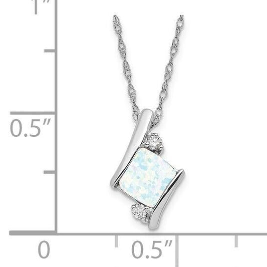 10K White Gold Created Opal & Diamond Pendant Necklace Cable Chain