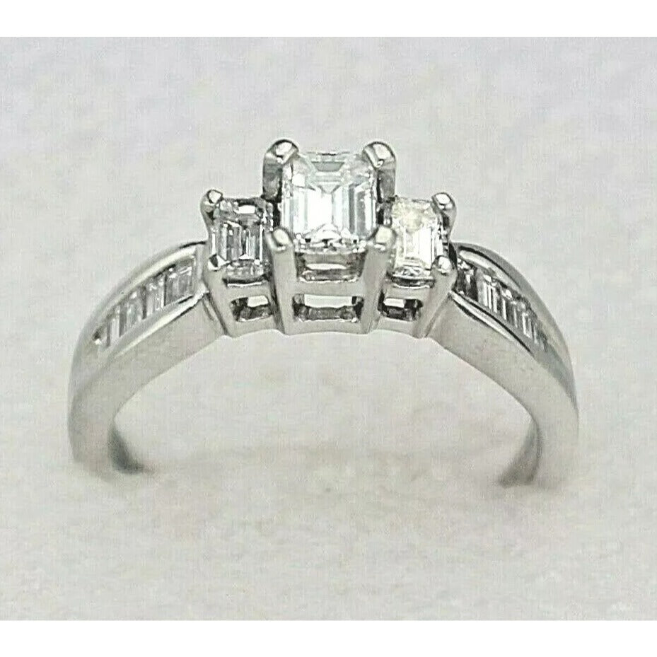 Exquisite 1.25 TCW Diamond Engagement Ring In Solid Platinum Emerald Cut Solitaire With Accents Size 9.75 8.1 g VVS Clarity G-H Color