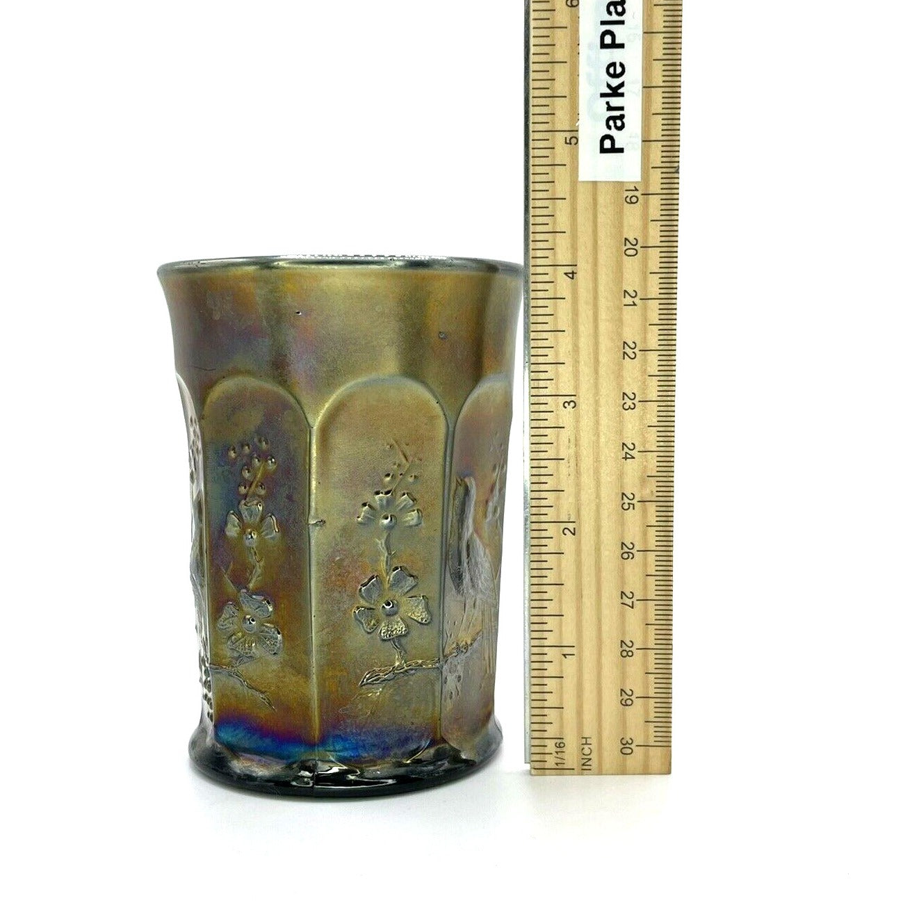 Vintage Carnival Glass Cup With Embossed Birds & Flowers Design