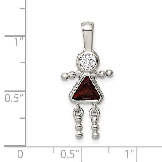 Sterling Silver Rhodium-plated CZ and Birthstone Red January Glass Girl Pendant