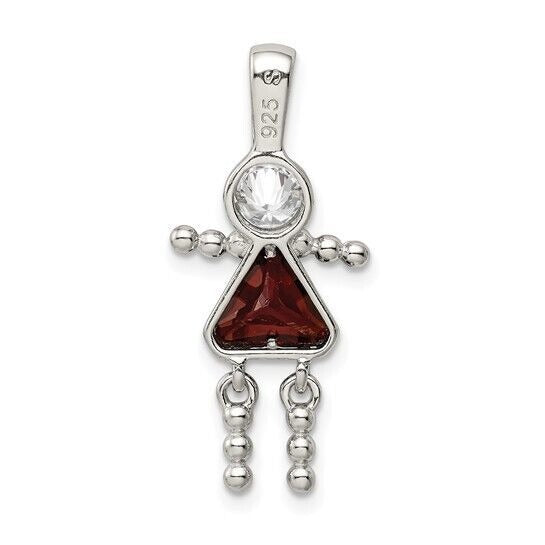 Sterling Silver Rhodium-plated CZ and Birthstone Red January Glass Girl Pendant