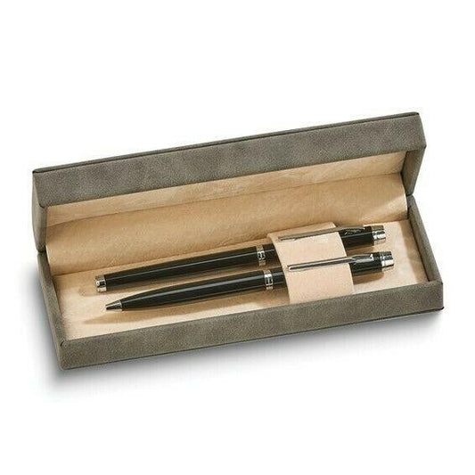 Elegant Gray Faux Leather Pen Gift Set With Ballpoint & Rollerball Pens In Matching Box