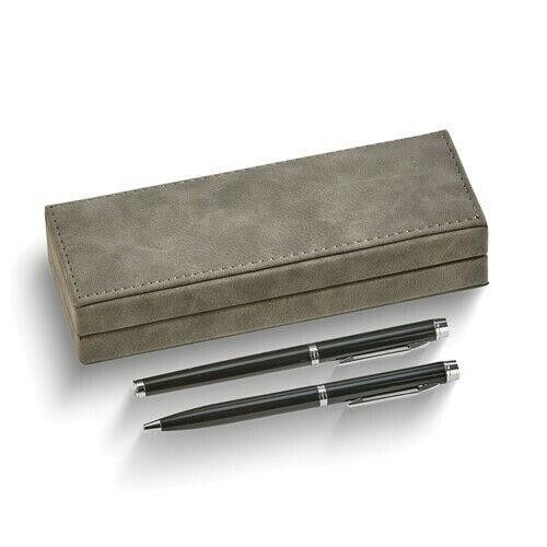 Elegant Gray Faux Leather Pen Gift Set With Ballpoint & Rollerball Pens In Matching Box