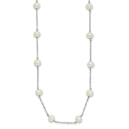 Sterling Silver Rhodium-Plated White Freshwater Cultured Pearl 18" Necklace