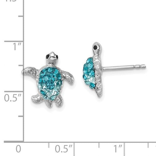 Sterling Silver Rhodium-Plated Blue Crystal Turtle Post Earrings 925