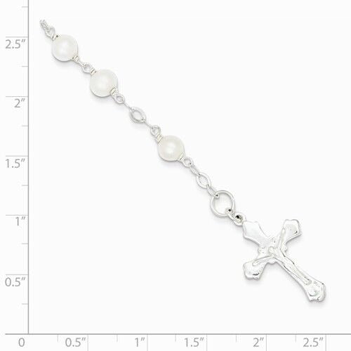 Sterling Silver & Freshwater Cultured Pearl Rosary Bracelet 7.5" Cross Charm