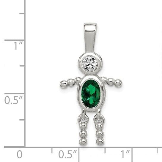 Sterling Silver Rhodium-plated CZ and Birthstone Green May Glass Boy Pendant