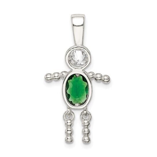 Sterling Silver Rhodium-plated CZ and Birthstone Green May Glass Boy Pendant