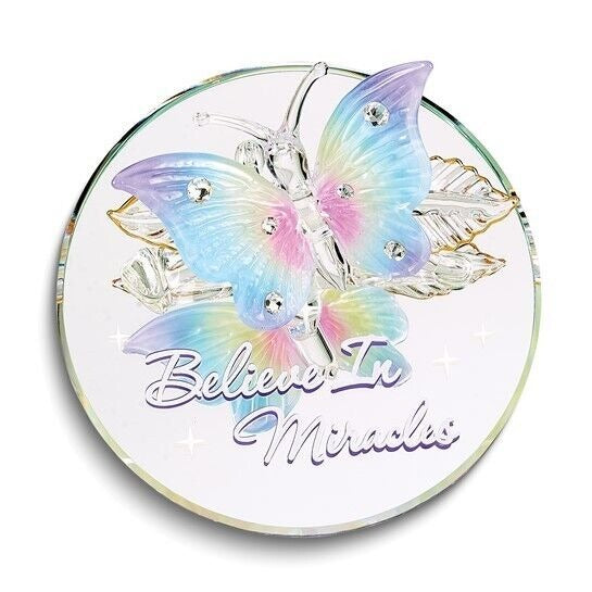Glass Baron BELIEVE IN MIRACLES Butterfly on Leaf Handcrafted Glass Figurine