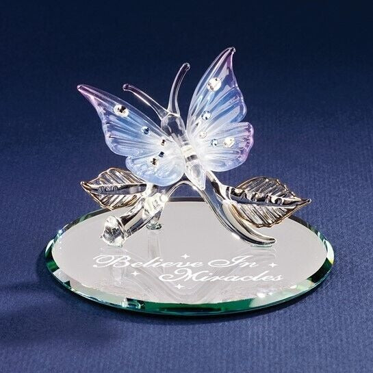 Glass Baron BELIEVE IN MIRACLES Butterfly on Leaf Handcrafted Glass Figurine