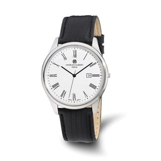Mens Charles Hubert Stainless Black Leather Band 43mm Watch