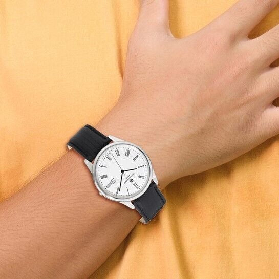 Mens Charles Hubert Stainless Black Leather Band 43mm Watch