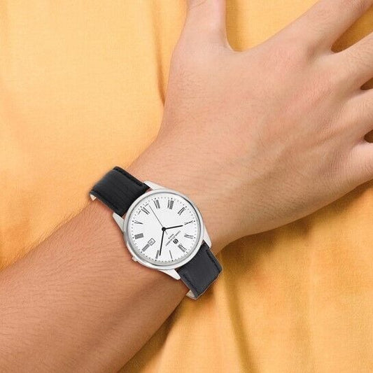 Mens Charles Hubert Stainless Black Leather Band 43mm Watch