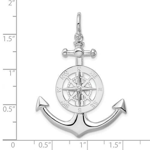 Sterling Silver Rhodium-Plated Polished 3D Large Anchor with Compass Pendant