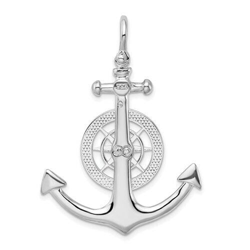 Sterling Silver Rhodium-Plated Polished 3D Large Anchor with Compass Pendant