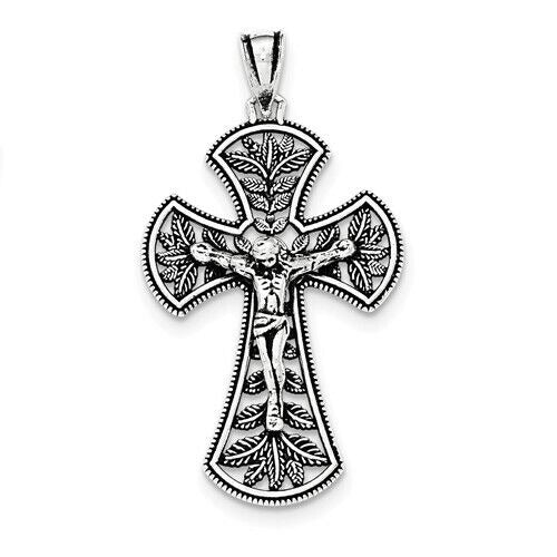 ANTIQUED LEAF CROSS INRI CRUCIFIX Charm Pendant REAL SOLID .925 STERLING SILVER